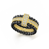 Black, pink, white, light blue and dark blue ceramic Caviar beaded Color Switch stacking rings. Mix and match colors. Finished with a diamond and 18K gold center band.- 18K Gold- 0.39 Carat- Dimensions 11mm x 5mm- Width 2.5mm- STYLE #: 02-10276-CB7