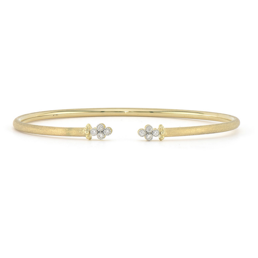 From the Provence Collection, the Open Diamond Quad Flexible Bangle features bezel set diamond quads in 18K yellow gold with the signature brushed JFJ finish.