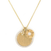 From the Provence Collection, the Provence Medium Pave Disc & Love Disc Engravable Pendant features pave round diamonds set in 18K yellow gold with the signature brushed JFJ finish. Pendant accents with a bezel set hanging diamond quad and engraved LOVE diamond circle. Pendant sold on delicate rolo chain. 18 Inches.