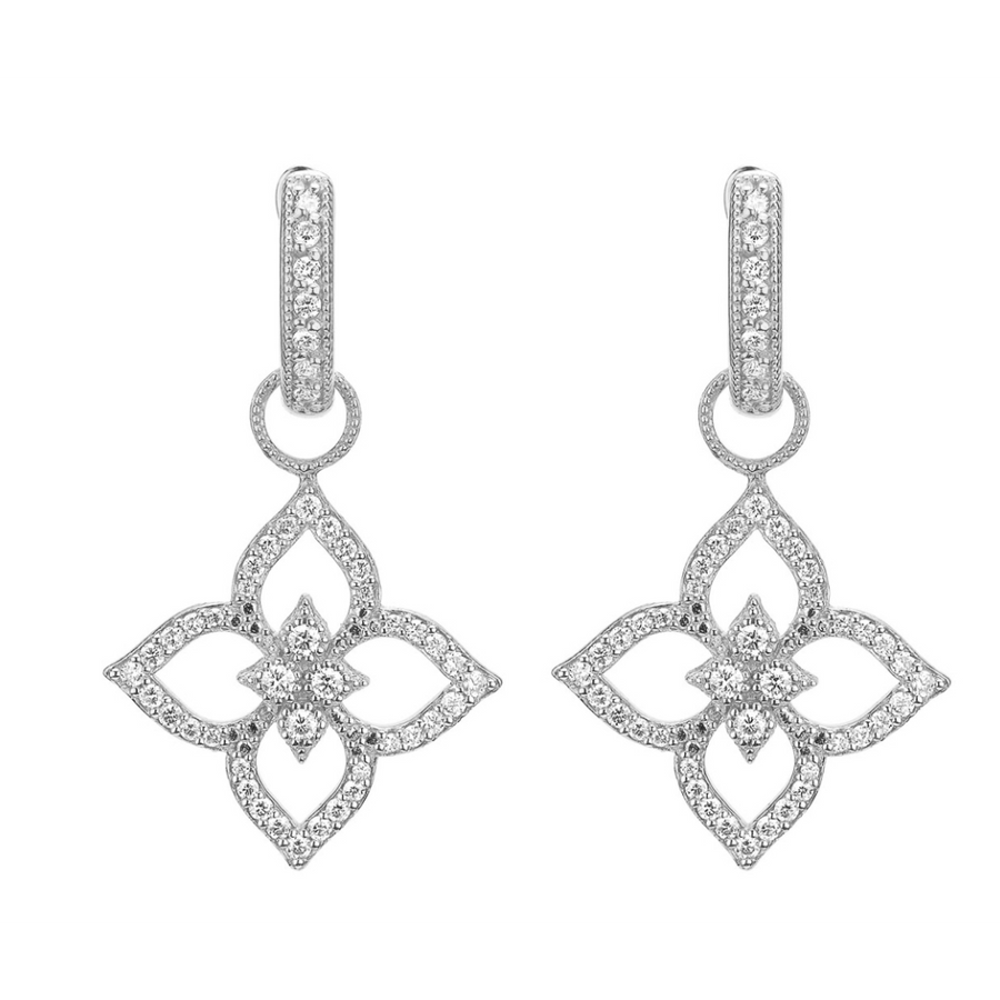 From the Moroccan Collection, the Moroccan Flower Open Pave Earring Charms features pave and bezel set round diamonds in 18K white gold. Hoops and earring charms sold separately.