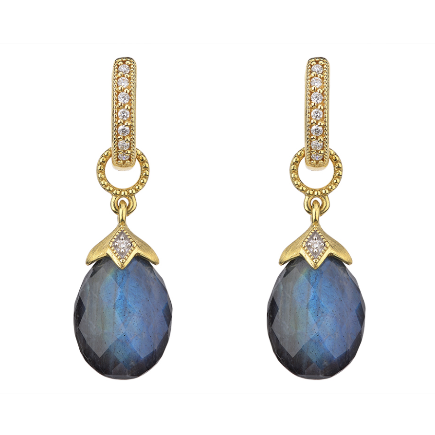 From the Lisse Collection, the Pear Shape Briolette Earring Charms feature pear shaped faceted midnight blue labradorite and black onyx doublets set in 18K yellow gold with simple diamond accents. Hoops and earring charms sold separately.