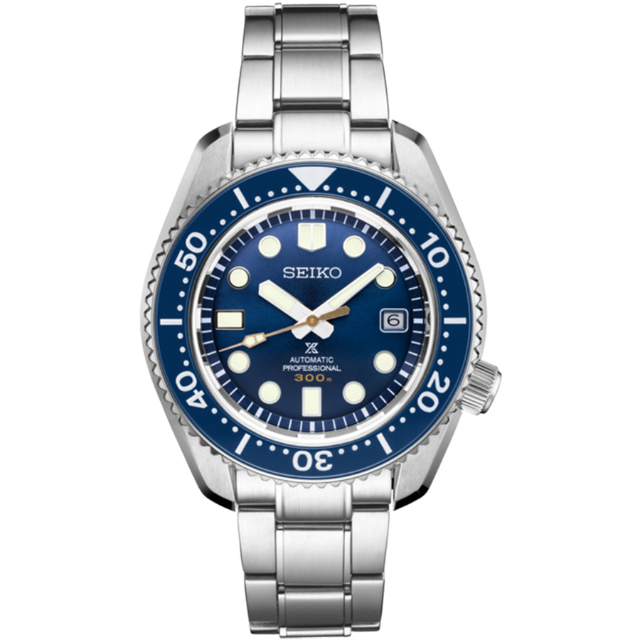 This model has a 44.3mm stainless steel case with ceramic bezel with a screw-down crown and sapphire crystal. The dial is blue with LumiBrite hands and dial markers. This model is able to show hours, minutes, seconds, and date. It also has a rotating bezel. Its powered by the 8L35 calibre mechanical automatic movement. It is water resistant to 300 meters. 