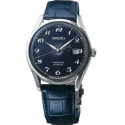 This Presage model has a 39mm stainless steel case with a blue enamel dial and white arabic numerals. It has white hour, minute and seconds hands. Its powered by the 6L35 caliber self-winding automatic movement. This watch has a 45 hour power reserve, and is water resistant to 30 meters. 