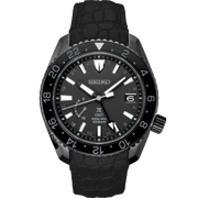 This model has a 44.8mm titanium case with super hard coating. It is powered by a 5R66 caliber spring drive movement. It has a GMT function which allows the wearer to view two times zones. The white hands and hour markers are a stark contrast to the jet black dial and bezel. Also on the dial is a date display, power reserve display and the stop seconds hand functions. It is water resistant to 10 bar. 