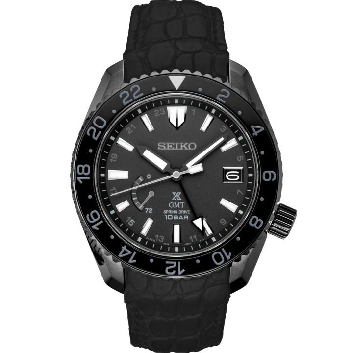 This model has a 44.8mm titanium case with super hard coating. It is powered by a 5R66 caliber spring drive movement. It has a GMT function which allows the wearer to view two times zones. The white hands and hour markers are a stark contrast to the jet black dial and bezel. Also on the dial is a date display, power reserve display and the stop seconds hand functions. It is water resistant to 10 bar. 