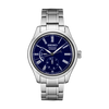 This model has a 40.5mm stainless steel case with a lot of functionality showcased on the dark blue dial. In addition to the bright white roman numeral markers and hands, this watch showcases hours, minutes, seconds, power reserve level, and stop seconds hand function. It is powered by the 6R27 calibre automatic movement with manual winding capacity. 