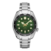 This Prospex model has a 44mm stainless steel case with a green dial and broad arrow hands and markers. The markers have luminescence to increase visibility for the wearer. Its powered by the Seiko automatic caliber 6R15. It has a power reserve of 50 hours, and is water resistant to 200 meters. 