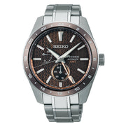 Seiko Boutique exclusive model has dial color of Hihada-iro, a reddish-brown color first derived from the bark of the Japanese cypress tree.Caliber 6R64Vibrations: 28,800 vibrations per hour (8 beats per second)Power reserve: 45 hoursNumber of jewels: 29GMT function / Independent hour hand adjustment function Specifications:Stainless steel case and bracelet with super-hard coatingSapphire crystal with anti-reflective coatingSee-through screw case backDiameter: 42.2mm, Thickness: 13.7mmWater resi