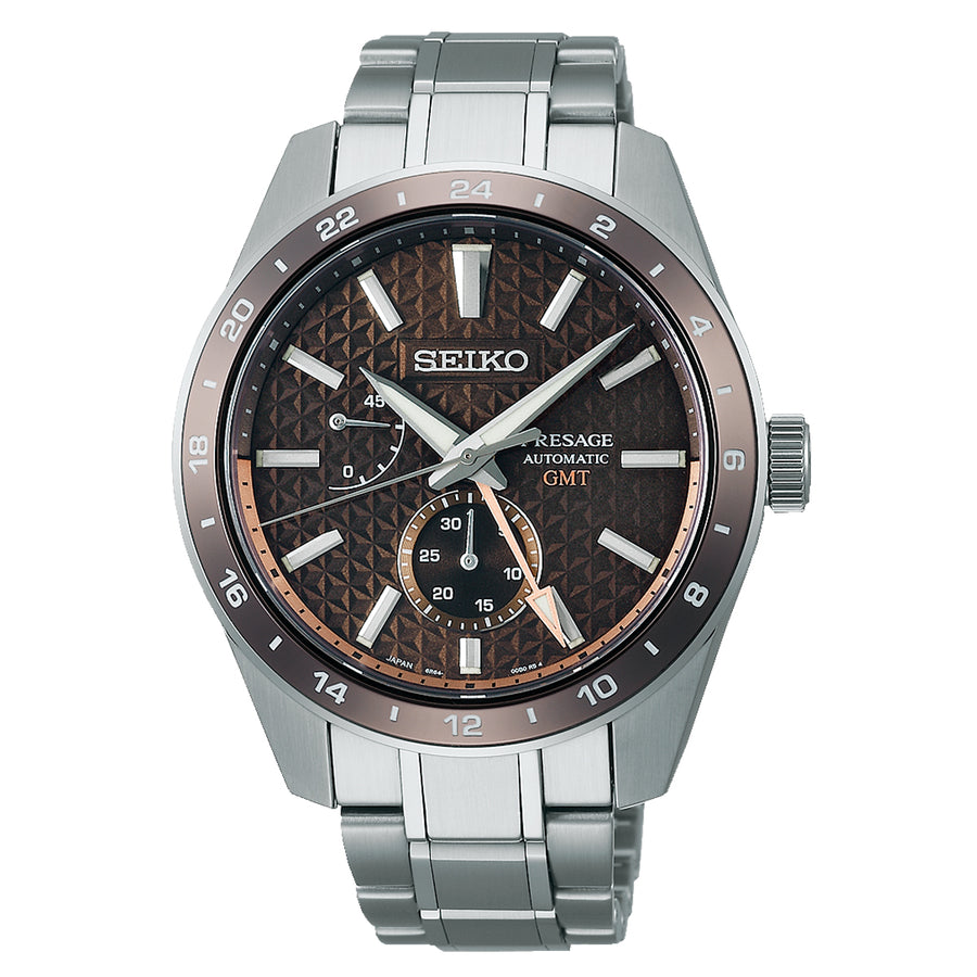 Seiko Boutique exclusive model has dial color of Hihada-iro, a reddish-brown color first derived from the bark of the Japanese cypress tree.Caliber 6R64Vibrations: 28,800 vibrations per hour (8 beats per second)Power reserve: 45 hoursNumber of jewels: 29GMT function / Independent hour hand adjustment function Specifications:Stainless steel case and bracelet with super-hard coatingSapphire crystal with anti-reflective coatingSee-through screw case backDiameter: 42.2mm, Thickness: 13.7mmWater resi