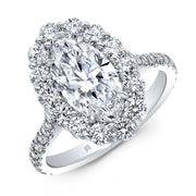 One of our most popular diamond shapes, the Rahaminov Moval is a diamond cutting technique blending the classic Marquise Cut and Oval Cut diamond. This ring features a 1.04ct center diamond, G in color, VS2 in clarity. The center diamond is surrounded by 0.71ctw round brilliant diamonds of F-G color, VS-SI in clarity. 