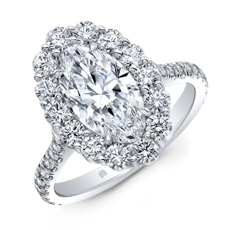 One of our most popular diamond shapes, the Rahaminov Moval is a diamond cutting technique blending the classic Marquise Cut and Oval Cut diamond. This ring features a 1.04ct center diamond, G in color, VS2 in clarity. The center diamond is surrounded by 0.71ctw round brilliant diamonds of F-G color, VS-SI in clarity. 