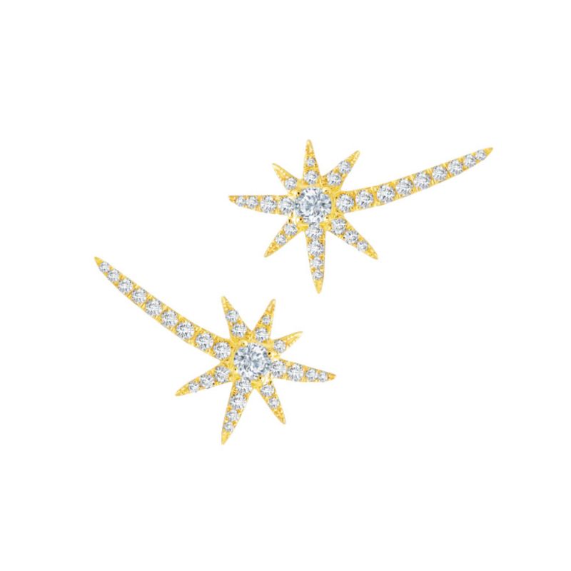 These starburst earrings are stunning! The long tail of the starburst travels up the wearers ear creating an ear cuff look. These earrings have also been spotted on Taylor Swift! There are 0.45 carat total weight of I-J color white diamonds set in 18K yellow gold. 