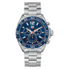 A versatile quartz chronograph with blue dial and tachymeter scale inspired by the world's most prestigious motor-sports circuit. High-resistance materials are used throughout, from the scratch-proof sapphire crystal to the 43mm tonneau-shaped case in stainless steel.
