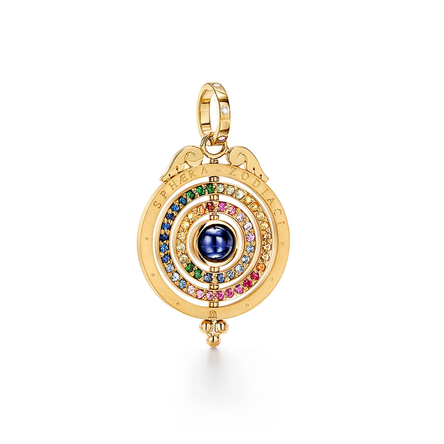 Based on the ancient hypothesis that earth was the center of the universe, the 18K Triple Orbit Tolomeo Pendant presents the cosmos in multi-colored sapphires. The three jewelled rings signify the orbits of the sun and moon around the earth.18K Gold Mixed Sapphires (2.91cts)0.14cts of DiamondsLength: 44.5mm/1.8, Width: 27mm/1.0