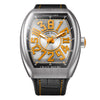 Franck Muller watches are easily recognizable with the captivating shape of their 53.7 x 44mm stainless steel case. The crazy hours watch has the orange numbers in a seemingly random order on the dial, and the watch is able to jump to the correct hour when the minute hand reaches the 12 oclock position. This watch is powered by the automatic-winding manufacture caliber FM 2800 CH. It has a power reserve of approximately 42 hours, and a water resistance of 30 m. The strap is a hand-sewn alligator