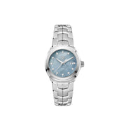 Dial: Blue mother of pearl dial 12 diamonds Case: 32mm, Polished steel, water resistance 100m Movement: quartz, swiss made, about 24months battery life Strap: fine-brushed and polished steel