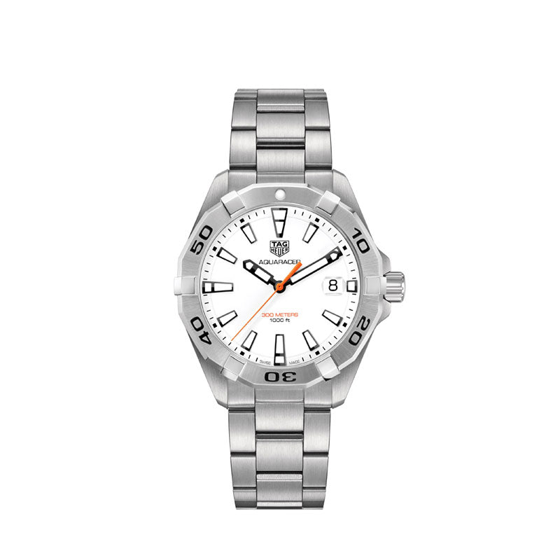 Dial: White dial Rhodium plated luminescent indexes Case: 41mm, Polished steel, water resistance 300m Movement: Quartz, swiss made, 24 months battery life Strap: Fine-brushed and polished steel