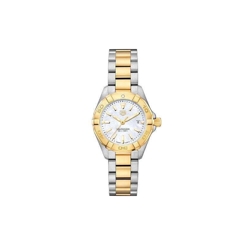 Dial: White mother of pearl gold plated luminescent indexes Case: 27mm, fine-brushed and polished steel, water resistance 300m Movement: Quartz, swiss made, about 24 months of battery life Strap: fine brushed and polished gold plated steel