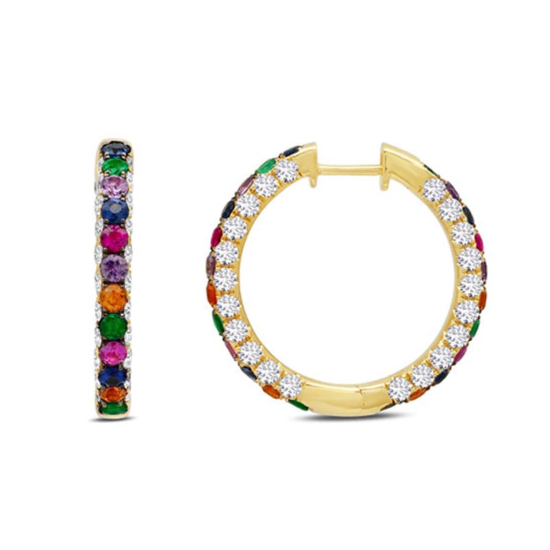 The perfect mix of colored gemstones and diamonds in one gorgeous pair of hoop earrings! These stunning earrings have 2.79 carat total weight diamonds of G-H color that are showcased on the sides of the hoops. Taking center stage down the front and up the back of these hoops are 2.87 carat total weight sapphire, ruby, emerald and amethyst. 
