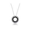 This beautiful circle shaped pendant has 0.69 carat total weight black diamonds with a  small row of 0.30 carat total weight of G-H color white diamonds set in 18k white gold. 