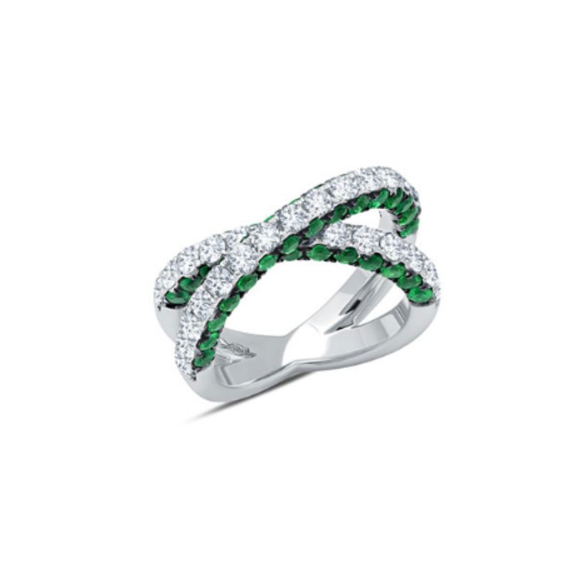 Graziela 18K White Gold Emerald & Diamond 3 Sided X Ring