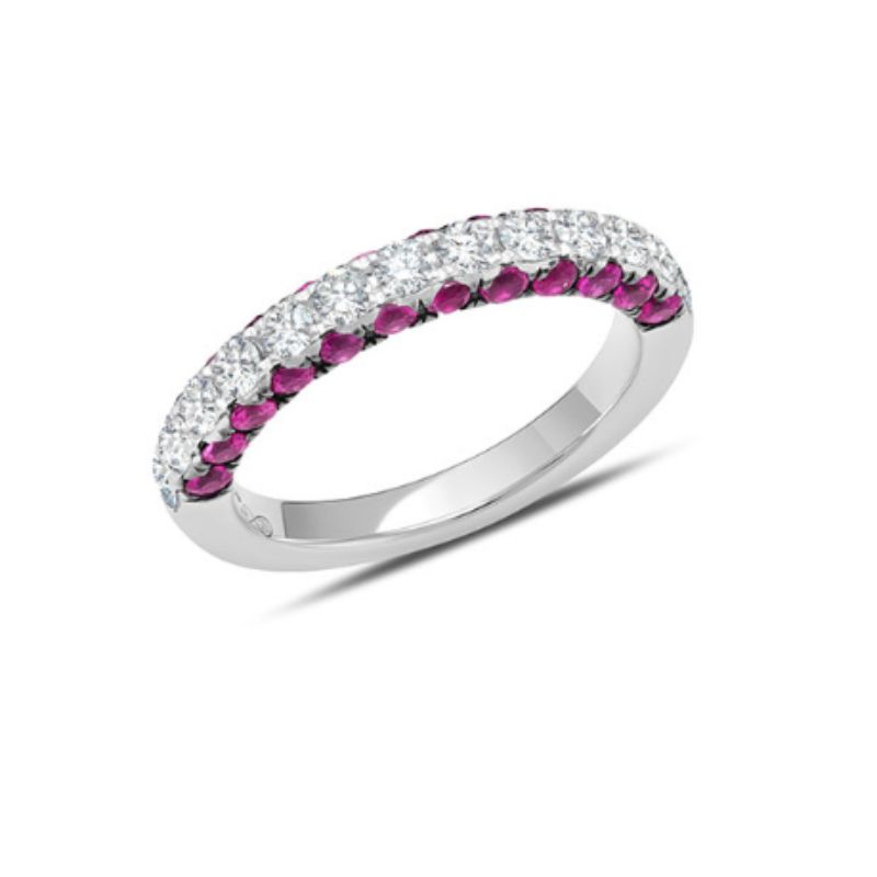 This 18K white gold band is not your average diamond band! From the top, 0.71 carat total weight G-H color white diamonds sparkle brilliantly. On the sides, the wearer gets the view of 1.26 carat total weight rubiy.