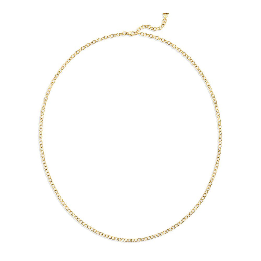 One of our more delicate chains created by interlocking golden oval links, the 18K Extra Small Oval Chain comes in multiple lengths and is wonderful as a delicate necklace on its own or with amulets, angels, zodiacs or any of our other pendants. It is finished with our signature temple charm on one end and can be fastened at different lengths adding even more versatility.18K GoldLobster ClaspLength: 24; Link: 4.25x3.0mmAlso available in 18 and 32.