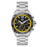 Sleek, fast, daring, this motor-sports icon seizes the lead with racy carbon fiber-textured midnight dial and 60 second / minute scale flange and central hand tip in bright contrast yellow. A watch that keeps the pilot's hand steady on the wheel and the automobile in front.